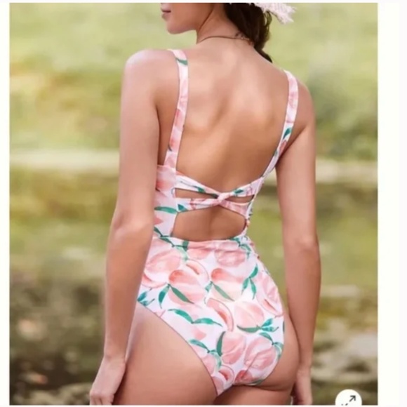 Peaches Fruit Twist-Back Boho Peasant Hipster Art Deco Farm One-Piece Swimsuit - Picture 1 of 7